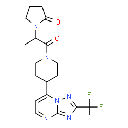 ChemSpider 2D Image | 1-(1-Oxo-1-{4-[2-(trifluoromethyl)[1,2,4]triazolo[1,5-a]pyrimidin-7-yl]-1-piperidinyl}-2-propanyl)-2-pyrrolidinone | C18H21F3N6O2