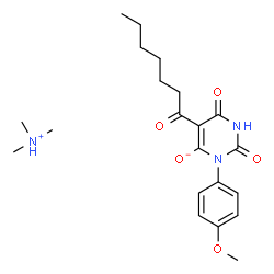 ChemSpider 2D Image | N,N-Dimethylmethanaminium 5-heptanoyl-3-(4-methoxyphenyl)-2,6-dioxo-1,2,3,6-tetrahydro-4-pyrimidinolate | C21H31N3O5
