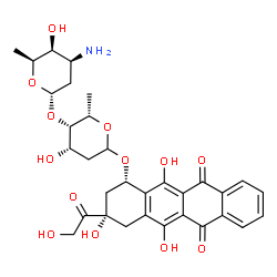 ChemSpider 2D Image | (1S,3S)-3-Glycoloyl-3,5,12-trihydroxy-6,11-dioxo-1,2,3,4,6,11-hexahydro-1-tetracenyl 4-O-(3-amino-2,3,6-trideoxy-alpha-L-lyxo-hexopyranosyl)-2,6-dideoxy-L-lyxo-hexopyranoside | C32H37NO13