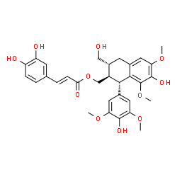 ChemSpider 2D Image | [(1S,2R,3R)-7-Hydroxy-1-(4-hydroxy-3,5-dimethoxyphenyl)-3-(hydroxymethyl)-6,8-dimethoxy-1,2,3,4-tetrahydro-2-naphthalenyl]methyl (2E)-3-(3,4-dihydroxyphenyl)acrylate | C31H34O11