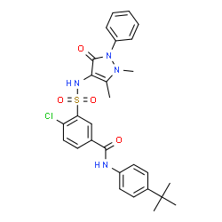 ChemSpider 2D Image | 4-Chloro-3-[(1,5-dimethyl-3-oxo-2-phenyl-2,3-dihydro-1H-pyrazol-4-yl)sulfamoyl]-N-[4-(2-methyl-2-propanyl)phenyl]benzamide | C28H29ClN4O4S