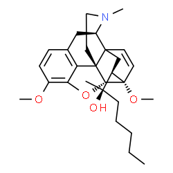 ChemSpider 2D Image | (2R)-2-[(5alpha,18R)-3,6-Dimethoxy-17-methyl-7,8-didehydro-18,19-dihydro-4,5-epoxy-6,14-ethenomorphinan-18-yl]-2-heptanol | C28H39NO4