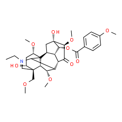 ChemSpider 2D Image | (1alpha,3alpha,6alpha,10alpha,13alpha,14alpha,16beta,17xi)-20-Ethyl-3,13-dihydroxy-1,6,16-trimethoxy-4-(methoxymethyl)-15-oxoaconitan-14-yl 4-methoxybenzoate | C33H45NO10