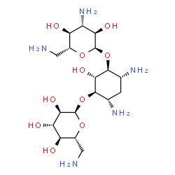 ChemSpider 2D Image | (1S,2R,3R,4S,6R)-4,6-Diamino-3-[(6-amino-6-deoxy-alpha-D-glucopyranosyl)oxy]-2-hydroxycyclohexyl 3,6-diamino-3,6-dideoxy-alpha-D-glucopyranoside | C18H37N5O10