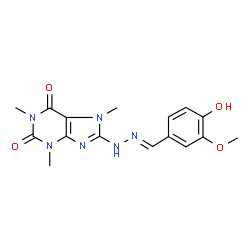 ChemSpider 2D Image | 8-[(2E)-2-(4-Hydroxy-3-methoxybenzylidene)hydrazino]-1,3,7-trimethyl-3,7-dihydro-1H-purine-2,6-dione | C16H18N6O4