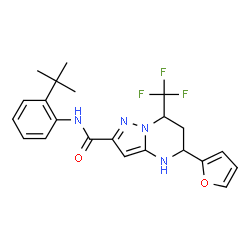 ChemSpider 2D Image | N-(2-tert-Butylphenyl)-5-(2-furyl)-7-(trifluoromethyl)-4,5,6,7-tetrahydropyrazolo[1,5-a]pyrimidine-2-carboxamide | C22H23F3N4O2