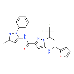 ChemSpider 2D Image | 5-(2-Furyl)-N-(3-methyl-1-phenyl-1H-pyrazol-5-yl)-7-(trifluoromethyl)-4,5,6,7-tetrahydropyrazolo[1,5-a]pyrimidine-2-carboxamide | C22H19F3N6O2
