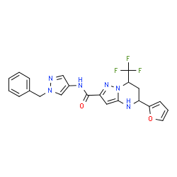 ChemSpider 2D Image | N-(1-Benzyl-1H-pyrazol-4-yl)-5-(2-furyl)-7-(trifluoromethyl)-4,5,6,7-tetrahydropyrazolo[1,5-a]pyrimidine-2-carboxamide | C22H19F3N6O2
