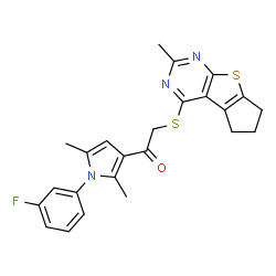 ChemSpider 2D Image | 1-[1-(3-Fluorophenyl)-2,5-dimethyl-1H-pyrrol-3-yl]-2-[(2-methyl-6,7-dihydro-5H-cyclopenta[4,5]thieno[2,3-d]pyrimidin-4-yl)sulfanyl]ethanone | C24H22FN3OS2
