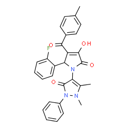 ChemSpider 2D Image | 4-(2-(2-fluorophenyl)-4-hydroxy-3-(4-methylbenzoyl)-5-oxo-2H-pyrrol-1(5H)-yl)-1,5-dimethyl-2-phenyl-1,2-dihydropyrazol-3-one | C29H24FN3O4