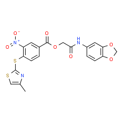 ChemSpider 2D Image | 2-(1,3-Benzodioxol-5-ylamino)-2-oxoethyl 4-[(4-methyl-1,3-thiazol-2-yl)sulfanyl]-3-nitrobenzoate | C20H15N3O7S2