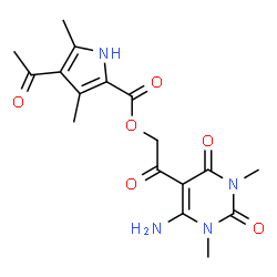 ChemSpider 2D Image | 2-(6-Amino-1,3-dimethyl-2,4-dioxo-1,2,3,4-tetrahydro-5-pyrimidinyl)-2-oxoethyl 4-acetyl-3,5-dimethyl-1H-pyrrole-2-carboxylate | C17H20N4O6