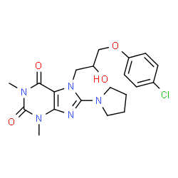 ChemSpider 2D Image | 7-[3-(4-Chlorophenoxy)-2-hydroxypropyl]-1,3-dimethyl-8-(1-pyrrolidinyl)-3,7-dihydro-1H-purine-2,6-dione | C20H24ClN5O4