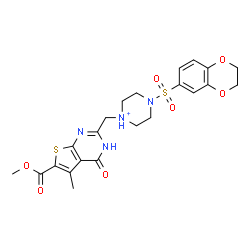 ChemSpider 2D Image | 4-(2,3-Dihydro-1,4-benzodioxin-6-ylsulfonyl)-1-{[6-(methoxycarbonyl)-5-methyl-4-oxo-3,4-dihydrothieno[2,3-d]pyrimidin-2-yl]methyl}piperazin-1-ium | C22H25N4O7S2