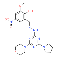 ChemSpider 2D Image | 2-Methoxy-6-[(E)-{[4-(4-morpholinyl)-6-(1-pyrrolidinyl)-1,3,5-triazin-2-yl]hydrazono}methyl]-4-nitrophenol | C19H24N8O5
