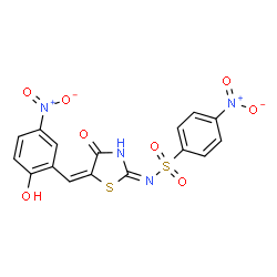 ChemSpider 2D Image | N-[(5E)-5-(2-Hydroxy-5-nitrobenzylidene)-4-oxo-4,5-dihydro-1,3-thiazol-2-yl]-4-nitrobenzenesulfonamide | C16H10N4O8S2