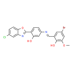 ChemSpider 2D Image | 4-Bromo-2-[(E)-{[4-(5-chloro-1,3-benzoxazol-2-yl)-3-hydroxyphenyl]imino}methyl]-6-methoxyphenol | C21H14BrClN2O4