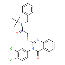 ChemSpider 2D Image | N-Benzyl-2-{[3-(3,4-dichlorophenyl)-4-oxo-3,4-dihydro-2-quinazolinyl]sulfanyl}-N-(2-methyl-2-propanyl)acetamide | C27H25Cl2N3O2S