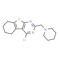ChemSpider 2D Image | 4-Chloro-2-(1-piperidinylmethyl)-5,6,7,8-tetrahydro[1]benzothieno[2,3-d]pyrimidine | C16H20ClN3S