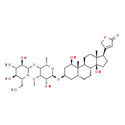 ChemSpider 2D Image | (1beta,3beta,5beta)-3-{[6-Deoxy-4-O-(beta-D-glucopyranosyl)-3-O-methyl-alpha-L-talopyranosyl]oxy}-1,14-dihydroxycard-20(22)-enolide | C36H56O14