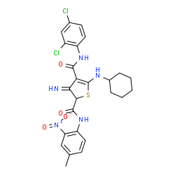 ChemSpider 2D Image | 5-(Cyclohexylamino)-N~4~-(2,4-dichlorophenyl)-3-imino-N~2~-(4-methyl-2-nitrophenyl)-2,3-dihydro-2,4-thiophenedicarboxamide | C25H25Cl2N5O4S