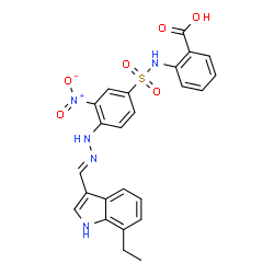 ChemSpider 2D Image | 2-{[(4-{(2E)-2-[(7-Ethyl-1H-indol-3-yl)methylene]hydrazino}-3-nitrophenyl)sulfonyl]amino}benzoic acid | C24H21N5O6S