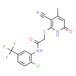 ChemSpider 2D Image | N-[2-Chloro-5-(trifluoromethyl)phenyl]-2-[(3-cyano-4-methyl-6-oxo-1,6-dihydro-2-pyridinyl)sulfanyl]acetamide | C16H11ClF3N3O2S