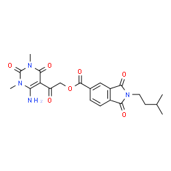 ChemSpider 2D Image | 2-(6-Amino-1,3-dimethyl-2,4-dioxo-1,2,3,4-tetrahydro-5-pyrimidinyl)-2-oxoethyl 2-(3-methylbutyl)-1,3-dioxo-5-isoindolinecarboxylate | C22H24N4O7