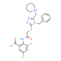 ChemSpider 2D Image | 2-[({[4-Benzyl-5-(1-piperidiniumylmethyl)-4H-1,2,4-triazol-3-yl]sulfanyl}acetyl)amino]-3,5-dichlorobenzoate | C24H25Cl2N5O3S