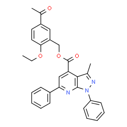 ChemSpider 2D Image | 5-Acetyl-2-ethoxybenzyl 3-methyl-1,6-diphenyl-1H-pyrazolo[3,4-b]pyridine-4-carboxylate | C31H27N3O4
