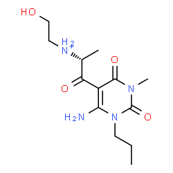ChemSpider 2D Image | (2R)-1-(6-Amino-3-methyl-2,4-dioxo-1-propyl-1,2,3,4-tetrahydro-5-pyrimidinyl)-N-(2-hydroxyethyl)-1-oxo-2-propanaminium | C13H23N4O4
