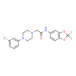 ChemSpider 2D Image | 2-[4-(3-Chlorophenyl)-1-piperazinyl]-N-(2,2-difluoro-1,3-benzodioxol-5-yl)acetamide | C19H18ClF2N3O3
