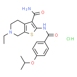 ChemSpider 2D Image | 6-Ethyl-2-[(4-isopropoxybenzoyl)amino]-4,5,6,7-tetrahydrothieno[2,3-c]pyridine-3-carboxamide hydrochloride (1:1) | C20H26ClN3O3S