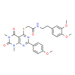 ChemSpider 2D Image | N-[2-(3,4-Dimethoxyphenyl)ethyl]-2-{[2-(4-methoxyphenyl)-6,8-dimethyl-5,7-dioxo-5,6,7,8-tetrahydropyrimido[4,5-d]pyrimidin-4-yl]sulfanyl}acetamide | C27H29N5O6S