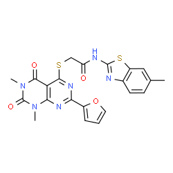 ChemSpider 2D Image | 2-{[2-(2-Furyl)-6,8-dimethyl-5,7-dioxo-5,6,7,8-tetrahydropyrimido[4,5-d]pyrimidin-4-yl]sulfanyl}-N-(6-methyl-1,3-benzothiazol-2-yl)acetamide | C22H18N6O4S2