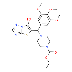 ChemSpider 2D Image | Ethyl 4-[(6-hydroxy[1,3]thiazolo[3,2-b][1,2,4]triazol-5-yl)(3,4,5-trimethoxyphenyl)methyl]-1-piperazinecarboxylate | C21H27N5O6S