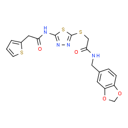 ChemSpider 2D Image | N-[5-({2-[(1,3-Benzodioxol-5-ylmethyl)amino]-2-oxoethyl}sulfanyl)-1,3,4-thiadiazol-2-yl]-2-(2-thienyl)acetamide | C18H16N4O4S3