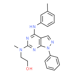 ChemSpider 2D Image | 2-(Methyl{4-[(3-methylphenyl)amino]-1-phenyl-1H-pyrazolo[3,4-d]pyrimidin-6-yl}amino)ethanol | C21H22N6O