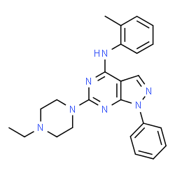 ChemSpider 2D Image | 6-(4-Ethyl-1-piperazinyl)-N-(2-methylphenyl)-1-phenyl-1H-pyrazolo[3,4-d]pyrimidin-4-amine | C24H27N7