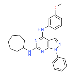 ChemSpider 2D Image | N~6~-Cycloheptyl-N~4~-(3-methoxyphenyl)-1-phenyl-1H-pyrazolo[3,4-d]pyrimidine-4,6-diamine | C25H28N6O