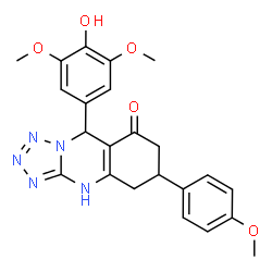 ChemSpider 2D Image | 9-(4-Hydroxy-3,5-dimethoxyphenyl)-6-(4-methoxyphenyl)-5,6,7,9-tetrahydrotetrazolo[5,1-b]quinazolin-8(1H)-one | C23H23N5O5
