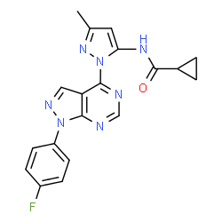 ChemSpider 2D Image | N-{1-[1-(4-Fluorophenyl)-1H-pyrazolo[3,4-d]pyrimidin-4-yl]-3-methyl-1H-pyrazol-5-yl}cyclopropanecarboxamide | C19H16FN7O