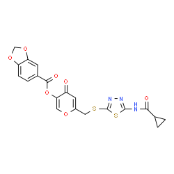 ChemSpider 2D Image | 6-[({5-[(Cyclopropylcarbonyl)amino]-1,3,4-thiadiazol-2-yl}sulfanyl)methyl]-4-oxo-4H-pyran-3-yl 1,3-benzodioxole-5-carboxylate | C20H15N3O7S2