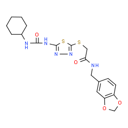 ChemSpider 2D Image | N-(1,3-Benzodioxol-5-ylmethyl)-2-({5-[(cyclohexylcarbamoyl)amino]-1,3,4-thiadiazol-2-yl}sulfanyl)acetamide | C19H23N5O4S2