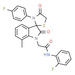 ChemSpider 2D Image | N-(2-Fluorophenyl)-2-[3'-(4-fluorophenyl)-7-methyl-2,4'-dioxospiro[indole-3,2'-[1,3]thiazolidin]-1(2H)-yl]acetamide | C25H19F2N3O3S