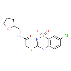 ChemSpider 2D Image | 2-[(7-Chloro-1,1-dioxido-2H-1,2,4-benzothiadiazin-3-yl)sulfanyl]-N-(tetrahydro-2-furanylmethyl)acetamide | C14H16ClN3O4S2