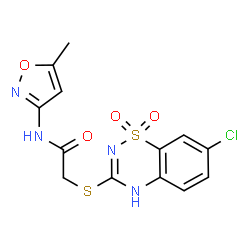 ChemSpider 2D Image | 2-[(7-Chloro-1,1-dioxido-2H-1,2,4-benzothiadiazin-3-yl)sulfanyl]-N-(5-methyl-1,2-oxazol-3-yl)acetamide | C13H11ClN4O4S2