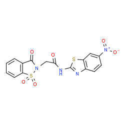 ChemSpider 2D Image | 2-(1,1-Dioxido-3-oxo-1,2-benzothiazol-2(3H)-yl)-N-(6-nitro-1,3-benzothiazol-2-yl)acetamide | C16H10N4O6S2