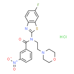 ChemSpider 2D Image | N-(6-Fluoro-1,3-benzothiazol-2-yl)-N-[2-(4-morpholinyl)ethyl]-3-nitrobenzamide hydrochloride (1:1) | C20H20ClFN4O4S