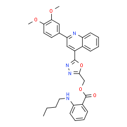 ChemSpider 2D Image | {5-[2-(3,4-Dimethoxyphenyl)-4-quinolinyl]-1,3,4-oxadiazol-2-yl}methyl 2-(butylamino)benzoate | C31H30N4O5